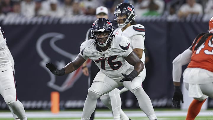 Houston Texans guard Kenyon Green (76) in action during the game against the Chicago Bears at NRG Stadium. Houston Texans guard Kenyon Green (76) in action during the game against the Chicago Bears at NRG Stadium.