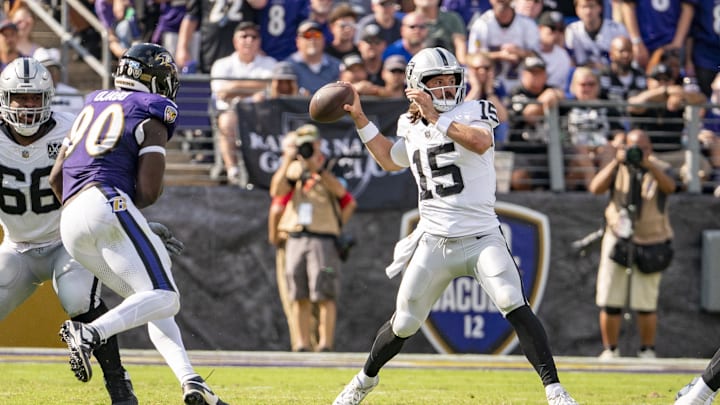 Sep 15, 2024; Baltimore, Maryland, USA;  Las Vegas Raiders quarterback Gardner Minshew (15) throws during the second half against the Baltimore Ravens at M&T Bank Stadium. Mandatory Credit: Tommy Gilligan-Imagn Images