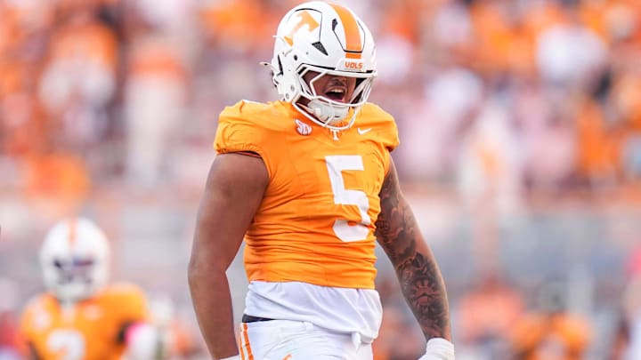 Tennessee defensive lineman Daevin Hobbs (5) celebrates after sacking Arkansas quarterback Taylen Green (10) during a college football game between Tennessee and Arkansas at Neyland Stadium in Knoxville, Tenn., on Oct. 11, 2025.