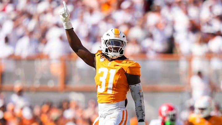 Tennessee defensive lineman Caleb Herring (31) celebrates after a tackle during an NCAA football game between Tennessee and Georgia at Neyland Stadium in Knoxville, Tennessee.