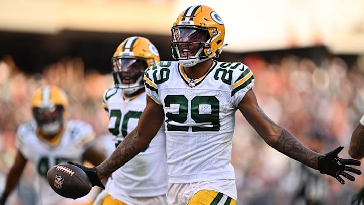 Green Bay Packers cornerback Rasul Douglas (29) celebrates after receiving a fumble in the second half against the Chicago Bears at Soldier Field.