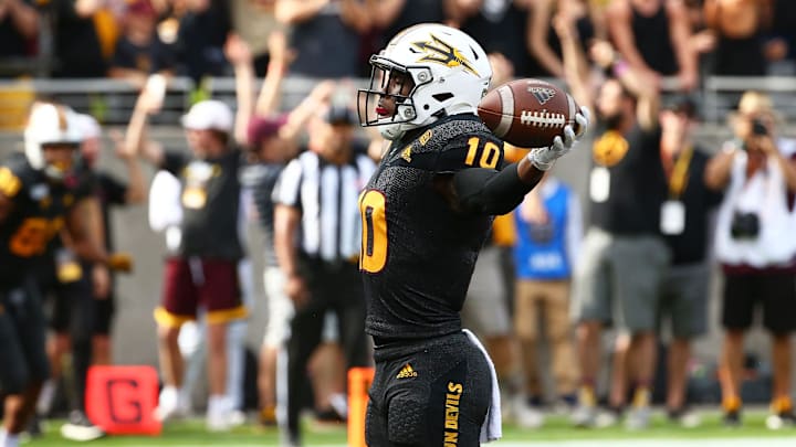 Arizona State Sun Devils wide receiver Kyle Williams (10) reacts after scoring a touchdown.