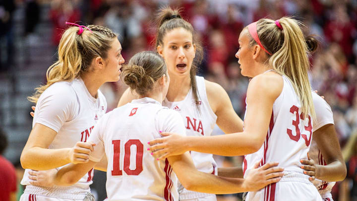 Indiana's Yarden Garzon (12) talks with teammates during the Indiana versus Maryland womens basketball game at Simon Skjodt Assembly Hall on Thursday, Feb. 27, 2025.