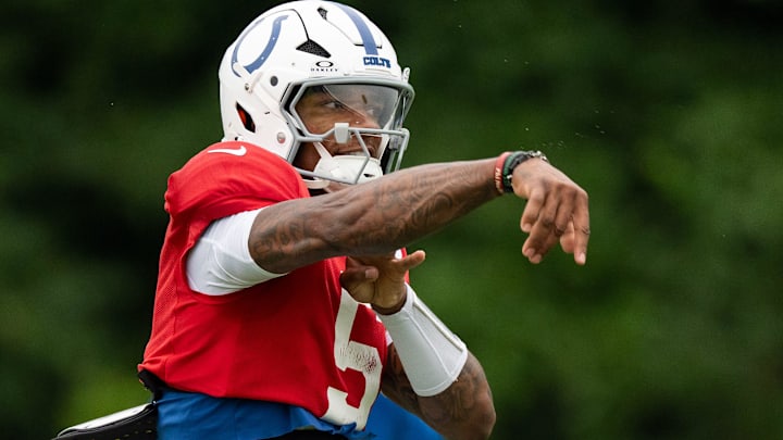 Indianapolis Colts quarterback Anthony Richardson Sr. (5) delivers a pass Monday, July 28, 2025, during training camp held at Grand Park in Westfield. Indianapolis Colts quarterback Anthony Richardson Sr. (5) delivers a pass Monday, July 28, 2025, during training camp held at Grand Park in Westfield.