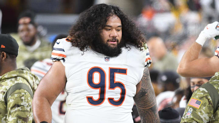 Nov 8, 2021; Pittsburgh, Pennsylvania, USA;  Chicago Bears defensive lineman Khyiris Tonga (95) on the sidelines against the Pittsburgh Steelers at Heinz Field. Mandatory Credit: Philip G. Pavely-Imagn Images