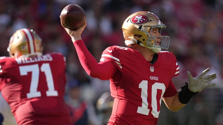 Nov 9, 2025; Santa Clara, California, USA; San Francisco 49ers quarterback Mac Jones (10) throws a pass during the first quarter against the Los Angeles Rams at Levi's Stadium. Mandatory Credit: Cary Edmondson-Imagn Images