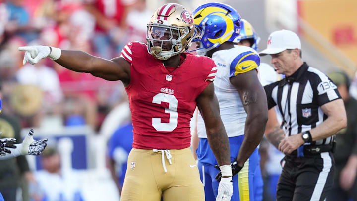 San Francisco 49ers running back Brian Robinson Jr. (3) celebrates after a play during the third quarter against the Los Angeles Rams at Levi's Stadium. Mandatory Credit: Cary Edmondson-Imagn Images