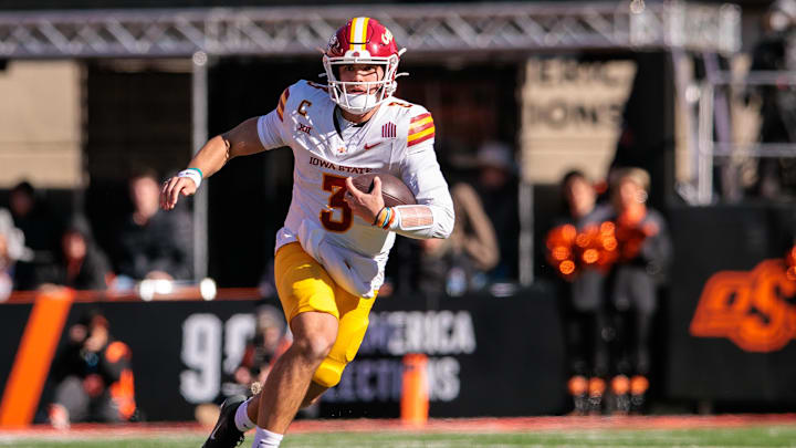 Iowa State Cyclones quarterback Rocco Becht runs during the second half against the Oklahoma State Cowboys at Boone Pickens Stadium.