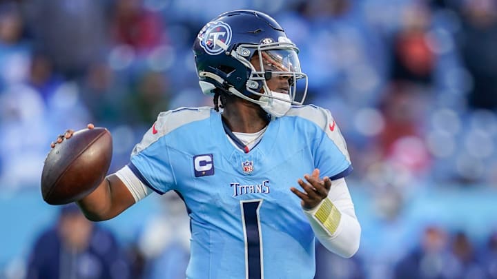 Tennessee Titans quarterback Cam Ward (1) looks downfield during the fourth quarter against the Jacksonville Jaguars at Nissan Stadium in Nashville, Tenn., Sunday, Nov. 30, 2025. Tennessee Titans quarterback Cam Ward (1) looks downfield during the fourth quarter against the Jacksonville Jaguars at Nissan Stadium in Nashville, Tenn., Sunday, Nov. 30, 2025.