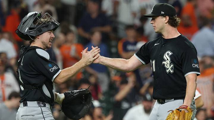 Sep 29, 2026; Houston, Texas, USA; Chicago White Sox pitcher Grant Taylor (31) reacts with Chicago catcher Kyle Teel (8) after game one of the Wildcard round for the 2026 MLB Playoffs at Daikin Park. Mandatory Credit: Troy Taormina-Imagn Images Sep 29, 2026; Houston, Texas, USA; Chicago White Sox pitcher Grant Taylor (31) reacts with Chicago catcher Kyle Teel (8) after game one of the Wildcard round for the 2026 MLB Playoffs at Daikin Park. Mandatory Credit: Troy Taormina-Imagn Images