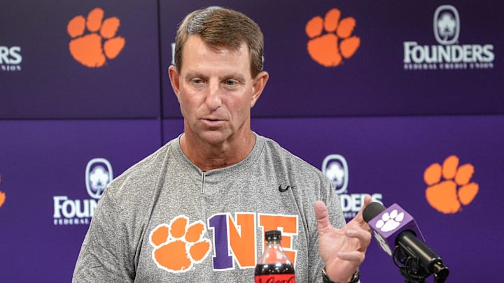 Clemson head coach Dabo Swinney talks with media in the Smart Family Media Center in Clemson, Thursday, July 31, 2025.