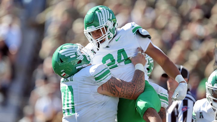 Sep 20, 2025; West Point, New York, USA; North Texas Mean Green running back Caleb Hawkins (24) celebrates his touchdown against the Army Black Knights during the second half at Michie Stadium. Mandatory Credit: Danny Wild-Imagn Images Sep 20, 2025; West Point, New York, USA; North Texas Mean Green running back Caleb Hawkins (24) celebrates his touchdown against the Army Black Knights during the second half at Michie Stadium. Mandatory Credit: Danny Wild-Imagn Images