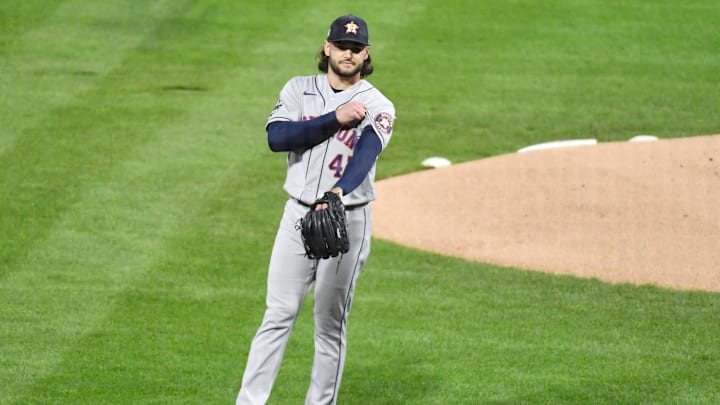 Nov 1, 2022; Philadelphia, PA, USA; Houston Astros starting pitcher Lance McCullers Jr. (43) reacts after conceding a two-run home run to Philadelphia Phillies designated hitter Bryce Harper (not pictured) during the first inning in game three of the 2022 World Series at Citizens Bank Park. Nov 1, 2022; Philadelphia, PA, USA; Houston Astros starting pitcher Lance McCullers Jr. (43) reacts after conceding a two-run home run to Philadelphia Phillies designated hitter Bryce Harper (not pictured) during the first inning in game three of the 2022 World Series at Citizens Bank Park.