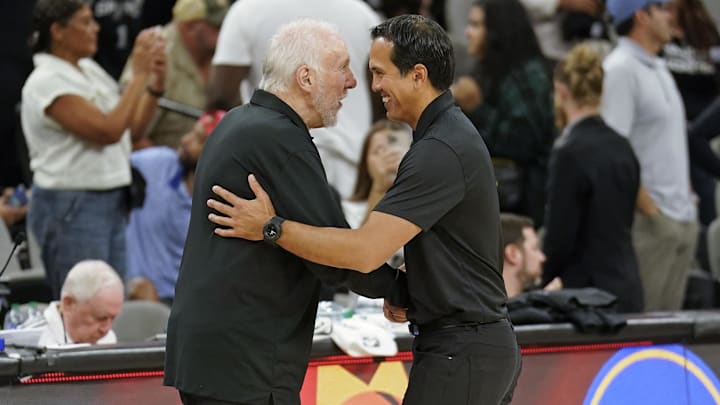 Oct 13, 2023; San Antonio, Texas, USA; San Antonio Spurs Gregg Popovich and Miami Heat Erik Spoelstra greet each other after the game at Frost Bank Center. Mandatory Credit: Scott Wachter-Imagn Images