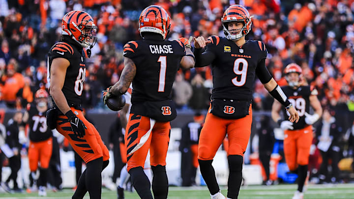 Dec 22, 2024; Cincinnati, Ohio, USA; Cincinnati Bengals wide receiver Ja'Marr Chase (1) reacts with quarterback Joe Burrow (9) after scoring a touchdown in the second half against the Cleveland Browns at Paycor Stadium. 