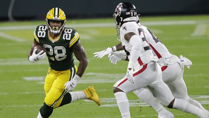 Green Bay Packers running back A.J. Dillon (28) looks to get past the Atlanta Falcons defense during their football game Monday, October 5, 2020, at Lambeau Field in Green Bay, Wis.
Dan Powers/USA TODAY NETWORK-Wisconsin Green Bay Packers running back A.J. Dillon (28) looks to get past the Atlanta Falcons defense during their football game Monday, October 5, 2020, at Lambeau Field in Green Bay, Wis.
Dan Powers/USA TODAY NETWORK-Wisconsin