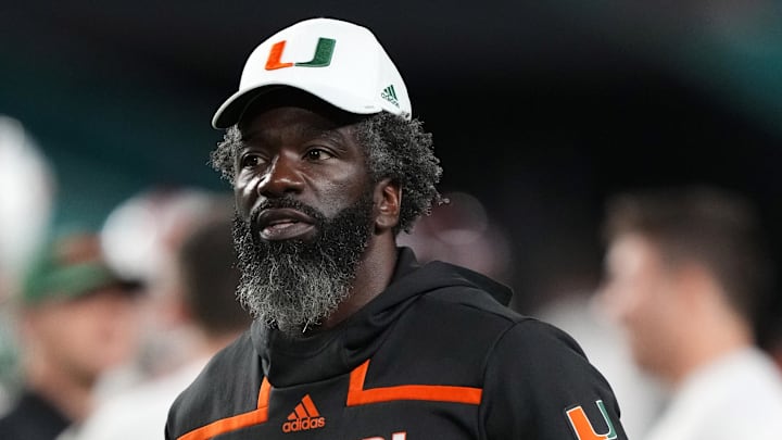 Nov 20, 2021; Miami Gardens, Florida, USA; Miami Hurricanes football chief of staff Ed Reed walks on the field prior to the game between the Miami Hurricanes and the Virginia Tech Hokies at Hard Rock Stadium. Mandatory Credit: Jasen Vinlove-Imagn Images