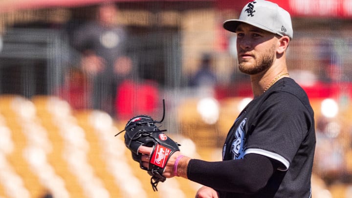 Feb 26, 2025; Phoenix, Arizona, USA; Chicago White Sox pitcher Sean Burke (59) on the mound during the first inning for the start of a spring game against the San Diego Padres at Camelback Ranch in Glendale, Ariz., on Feb. 25, 2025. Feb 26, 2025; Phoenix, Arizona, USA; Chicago White Sox pitcher Sean Burke (59) on the mound during the first inning for the start of a spring game against the San Diego Padres at Camelback Ranch in Glendale, Ariz., on Feb. 25, 2025.
