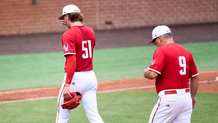 NC State Wolfpack's Dominic Fritton (51) is pulled early after giving runs in the first against the Stetson Hatters during the NCAA Baseball Regional Tournament at Plainsman Park in Auburn, Ala., on Friday May 30, 2025.