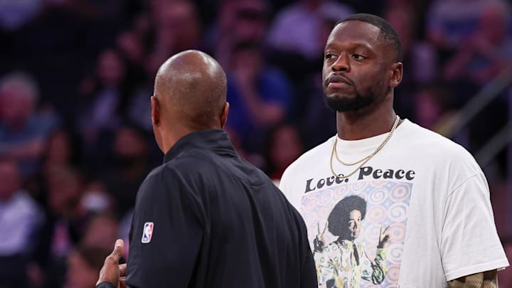 Oct 13, 2024; New York, New York, USA; Minnesota Timberwolves forward Julius Randle, right, looks on during the first half against the New York Knicks at Madison Square Garden.