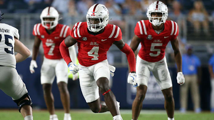 Sep 21, 2024; Oxford, Mississippi, USA; Mississippi Rebels linebacker Suntarine Perkins (4) rushes during the first half against the Georgia Southern Eagles at Vaught-Hemingway Stadium. Mandatory Credit: Petre Thomas-Imagn Images
