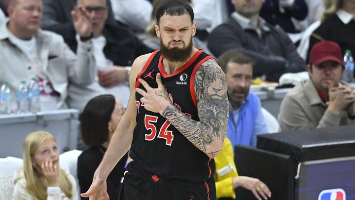 Apr 29, 2026; Cleveland, Ohio, USA; Toronto Raptors forward Sandro Mamukelashvili (54) celebrates his three-point basket against the Cleveland Cavaliers in the third quarter of game five of the first round of the 2026 NBA Playoffs at Rocket Arena. Mandatory Credit: David Richard-Imagn Images