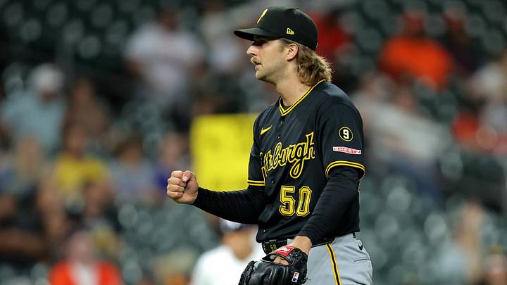 Jun 4, 2026; Houston, Texas, USA; Pittsburgh Pirates pitcher Carmen Mlodzinski (50) reacts after the final out of the ninth inning against the Houston Astros at Daikin Park. Mandatory Credit: Erik Williams-Imagn Images
