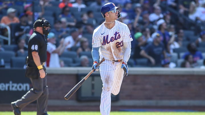 Sep 3, 2023; New York City, New York, USA;  New York Mets first baseman Pete Alonso (20) hits a solo home run in the seventh inning against the Seattle Mariners at Citi Field. Mandatory Credit: Wendell Cruz-Imagn Images