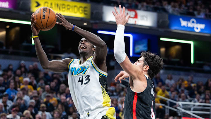 Nov 27, 2024; Indianapolis, Indiana, USA; Indiana Pacers forward Pascal Siakam (43) shoots the ball while Portland Trail Blazers forward Deni Avdija (8) defends in the first half at Gainbridge Fieldhouse. Mandatory Credit: Trevor Ruszkowski-Imagn Images Nov 27, 2024; Indianapolis, Indiana, USA; Indiana Pacers forward Pascal Siakam (43) shoots the ball while Portland Trail Blazers forward Deni Avdija (8) defends in the first half at Gainbridge Fieldhouse. Mandatory Credit: Trevor Ruszkowski-Imagn Images