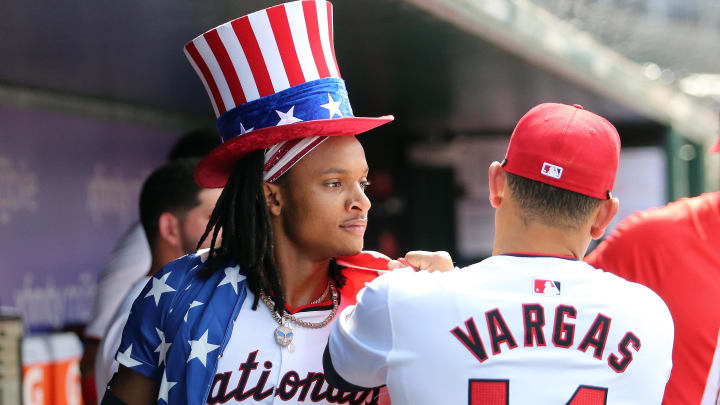 Jul 6, 2024; Washington, District of Columbia, USA; Washington Nationals shortstop CJ Abrams (5) celebrates after hitting a home run during the first inning against the St. Louis Cardinals at Nationals Park.