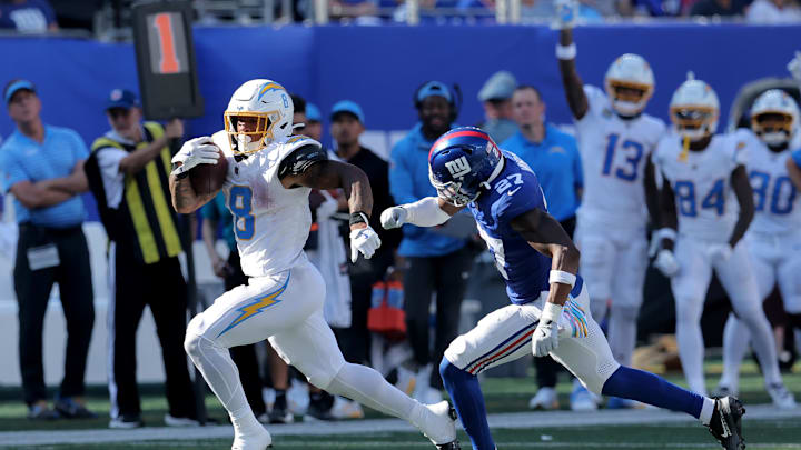 Chargers running back Omarion Hampton (8) runs for a touchdown against the Giants in Week 4.