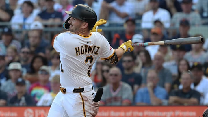 Jul 22, 2025; Pittsburgh, Pennsylvania, USA; Pittsburgh Pirates first baseman Spencer Horwitz (2) hits a two run double against the Detroit Tigers during the second inning at PNC Park. Mandatory Credit: Charles LeClaire-Imagn Images Jul 22, 2025; Pittsburgh, Pennsylvania, USA; Pittsburgh Pirates first baseman Spencer Horwitz (2) hits a two run double against the Detroit Tigers during the second inning at PNC Park. Mandatory Credit: Charles LeClaire-Imagn Images