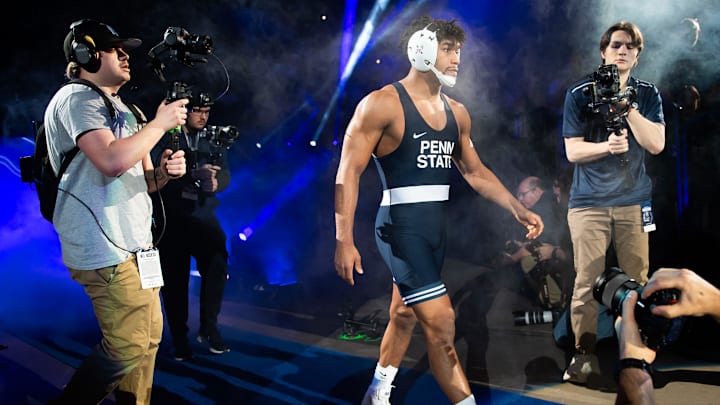 Penn State’s Carter Starocci is introduced before wrestling Iowa's Angelo Ferrari in the 184-pound bout of their dual match in State College. 