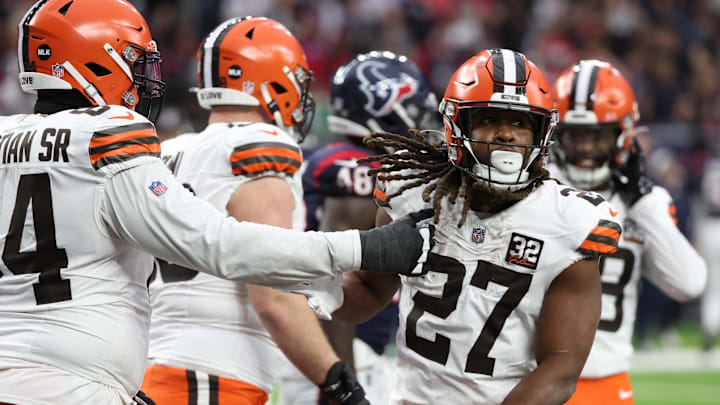 Jan 13, 2024; Houston, Texas, USA;Cleveland Browns running back Kareem Hunt (27) celebrates his touchdown against the Houston Texans  in a 2024 AFC wild card game at NRG Stadium. Mandatory Credit: Thomas Shea-USA TODAY Sports