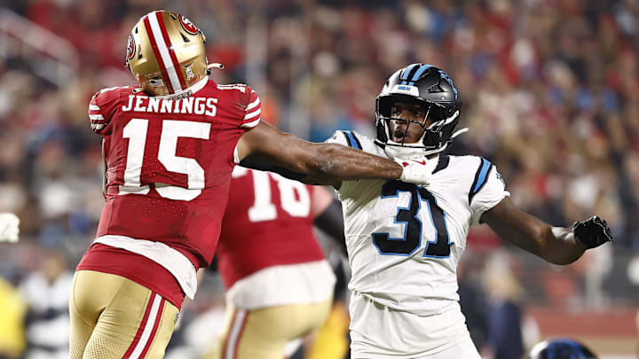 Nov 24, 2025; Santa Clara, California, USA; San Francisco 49ers wide receiver Jauan Jennings (15) and Carolina Panthers cornerback Corey Thornton (31) shove each other during the second half at Levi's Stadium. Mandatory Credit: Kelley L Cox-Imagn Images Nov 24, 2025; Santa Clara, California, USA; San Francisco 49ers wide receiver Jauan Jennings (15) and Carolina Panthers cornerback Corey Thornton (31) shove each other during the second half at Levi's Stadium. Mandatory Credit: Kelley L Cox-Imagn Images