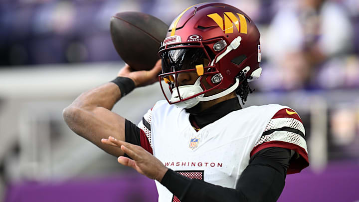 Dec 7, 2025; Minneapolis, Minnesota, USA; Washington Commanders quarterback Jayden Daniels (5) Mandatory Credit: Jeffrey Becker-Imagn Images Dec 7, 2025; Minneapolis, Minnesota, USA; Washington Commanders quarterback Jayden Daniels (5) Mandatory Credit: Jeffrey Becker-Imagn Images