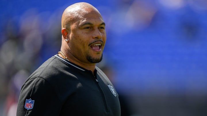 Sep 15, 2024; Baltimore, Maryland, USA; Las Vegas Raiders head coach Antonio Pierce during warms up before a game against the Baltimore Ravens at M&T Bank Stadium. Mandatory Credit: Reggie Hildred-Imagn Images