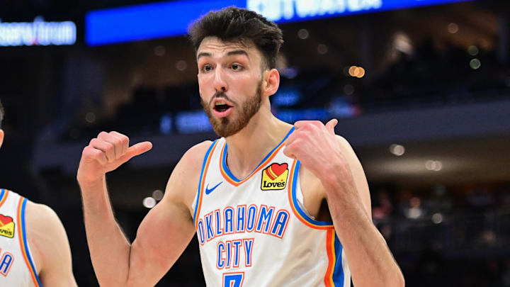 Mar 16, 2025; Milwaukee, Wisconsin, USA;  Oklahoma City Thunder center Chet Holmgren (7) reacts in the fourth quarter against the Milwaukee Bucks at Fiserv Forum. Mandatory Credit: Benny Sieu-Imagn Images