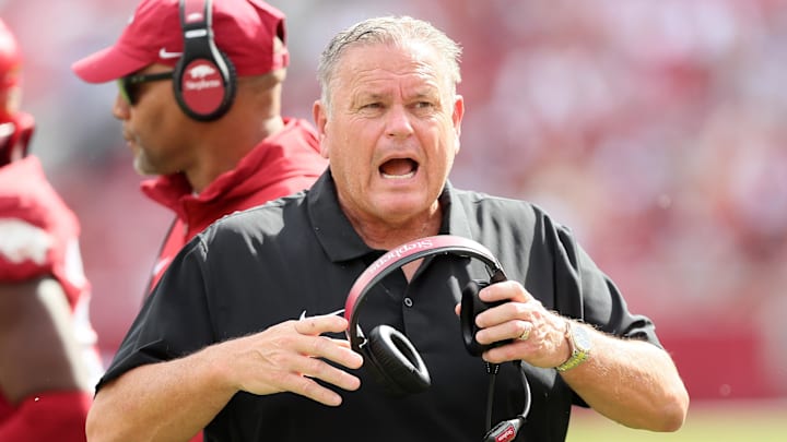 Oct 21, 2023; Fayetteville, Arkansas, USA;  Arkansas Razorbacks head coach Sam Pittman reacts during the second half against the Mississippi State Bulldogs at Donald W. Reynolds Razorback Stadium. Mississippi State won 7-3. Mandatory Credit: Nelson Chenault-Imagn Images