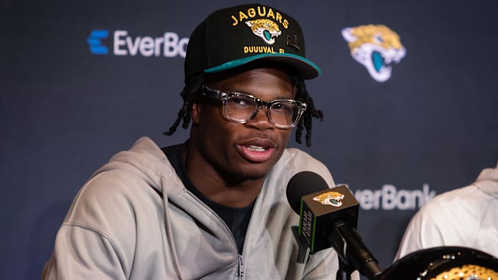 Apr 25, 2025; Jacksonville, FL, USA; Jacksonville Jaguars first round draft pick Travis Hunter talks to the media during a press conference at Miller Electric Center. Mandatory Credit: Travis Register-Imagn Images
