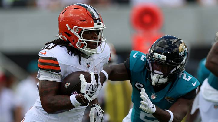 Sep 13, 2026; Jacksonville, Florida, USA; Cleveland Browns running back Quinshon Judkins (10) runs the ball under pressure from Jacksonville Jaguars cornerback Jourdan Lewis (2) in the first quarter at EverBank Stadium. Mandatory Credit: Nathan Ray Seebeck-Imagn Images Sep 13, 2026; Jacksonville, Florida, USA; Cleveland Browns running back Quinshon Judkins (10) runs the ball under pressure from Jacksonville Jaguars cornerback Jourdan Lewis (2) in the first quarter at EverBank Stadium. Mandatory Credit: Nathan Ray Seebeck-Imagn Images