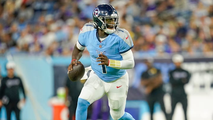 Tennessee Titans quarterback Cam Ward (1) runs the ball during the second quarter of an NFL pre-season game against the Minnesota Vikings at Nissan Stadium in Nashville, Tenn., Friday, Aug. 22, 2025.
