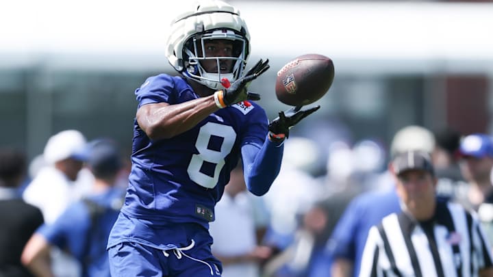 Jul 24, 2025; East Rutherford, NJ, USA; New York Giants wide receiver Beaux Collins (8) catches the ball during training camp at Quest Diagnostics Training Center. Mandatory Credit: Vincent Carchietta-Imagn Images