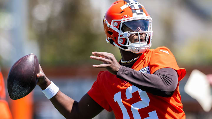 May 9, 2025; Berea, OH, USA; Cleveland Browns quarterback Shedeur Sanders (12) throws a pass during rookie minicamp at CrossCountry Mortgage Campus. Mandatory Credit: Ken Blaze-Imagn Images