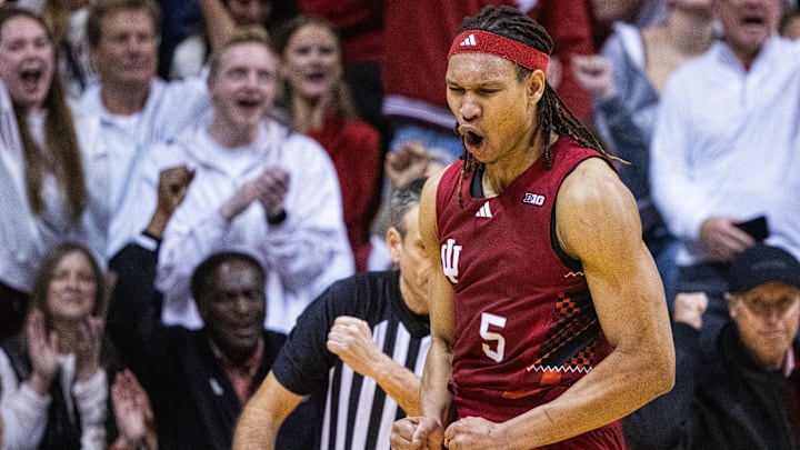 Feb 14, 2025; Bloomington, Indiana, USA; Indiana Hoosiers forward Malik Reneau (5) reacts to a basket and foul  in the second half against the UCLA Bruins at Simon Skjodt Assembly Hall. Mandatory Credit: Trevor Ruszkowski-Imagn Images