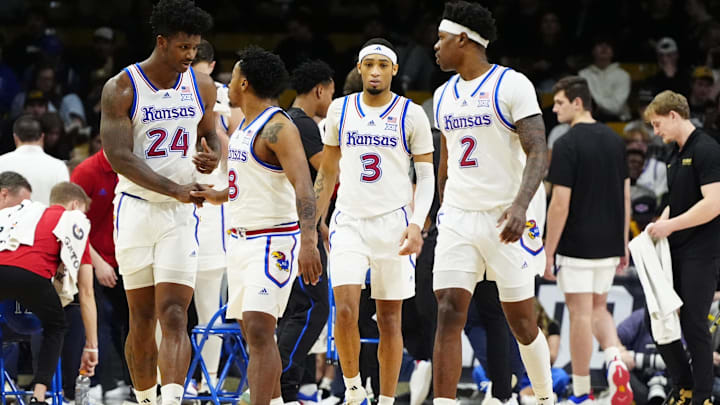 Feb 24, 2025; Boulder, Colorado, USA; Kansas Jayhawks forward KJ Adams Jr. (24), guard David Coit (8),guard Dajuan Harris Jr. (3), and guard AJ Storr (2) during the second half against the Colorado Buffaloes at the CU Events Center. Mandatory Credit: Ron Chenoy-Imagn Images Feb 24, 2025; Boulder, Colorado, USA; Kansas Jayhawks forward KJ Adams Jr. (24), guard David Coit (8),guard Dajuan Harris Jr. (3), and guard AJ Storr (2) during the second half against the Colorado Buffaloes at the CU Events Center. Mandatory Credit: Ron Chenoy-Imagn Images