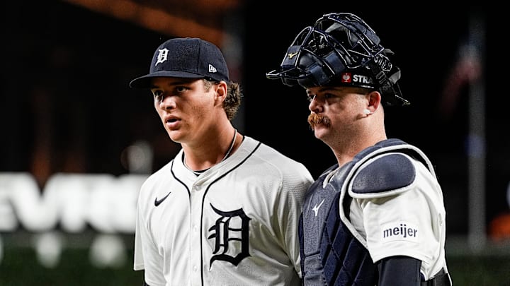 Detroit Tigers pitcher Jackson Jobe (21) talks to catcher Jake Rogers (34) as they exit the field after top of eighth inning at Game 4 of ALDS at Comerica Park in Detroit on Thursday, Oct. 10, 2024.