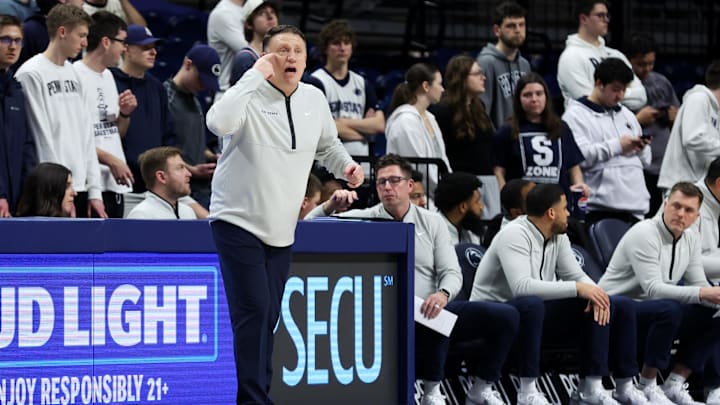 Penn State Nittany Lions head coach Mike Rhoades gestures from the bench during the first half against the Rutgers Scarlet Knights at Bryce Jordan Center.