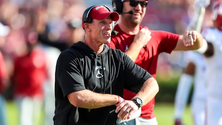 Oklahoma Sooners head coach Brent Venables celebrates a safety against the South Carolina Gamecocks in the second half at Williams-Brice Stadium.
