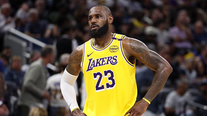 Mar 24, 2025; Orlando, Florida, USA; Los Angeles Lakers forward LeBron James (23) looks on against the Orlando Magic in the second quarter at Kia Center. Mandatory Credit: Nathan Ray Seebeck-Imagn Images